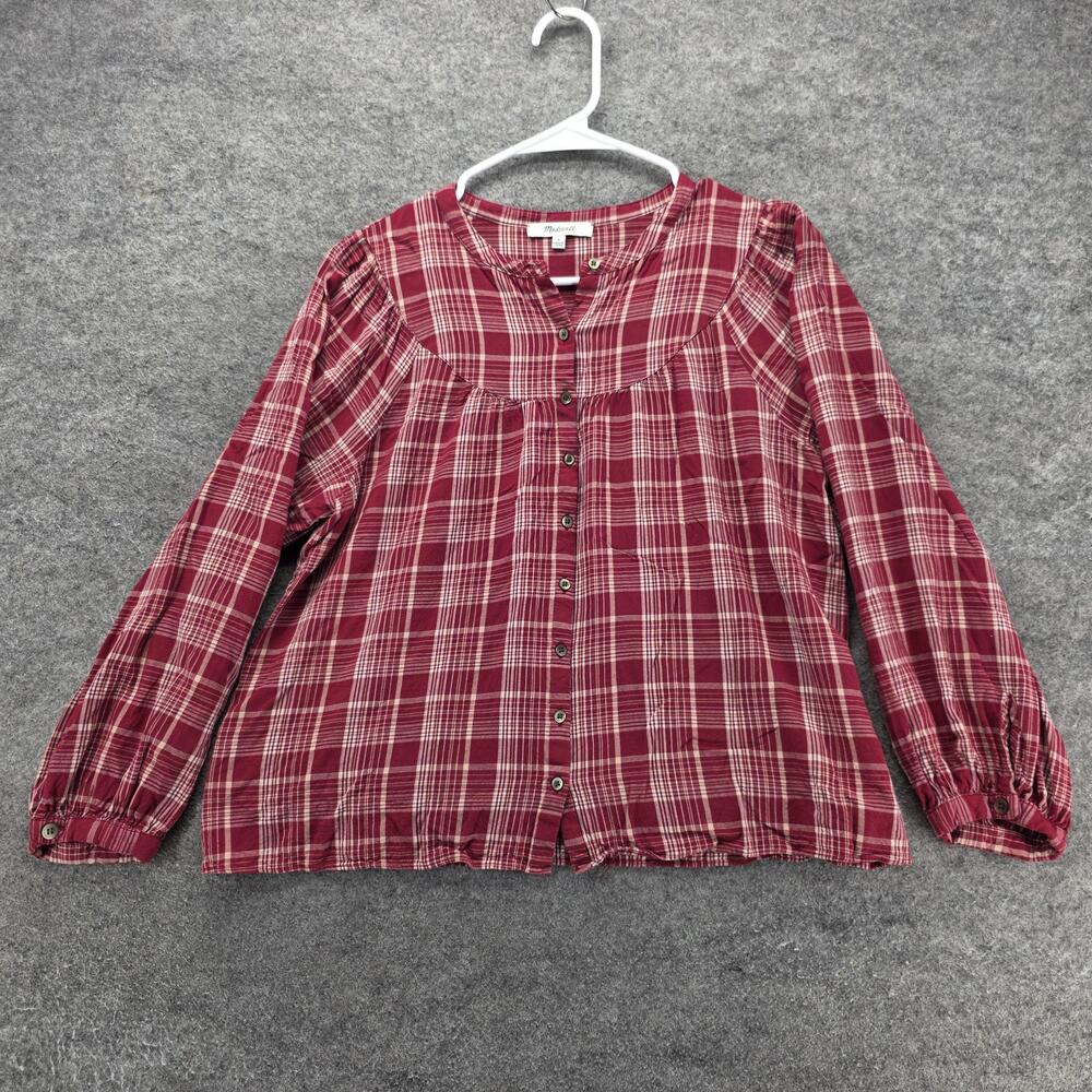 Madewell Button-Up Tunic Womens S Red Plaid Collarless Flannel Relaxed Fit